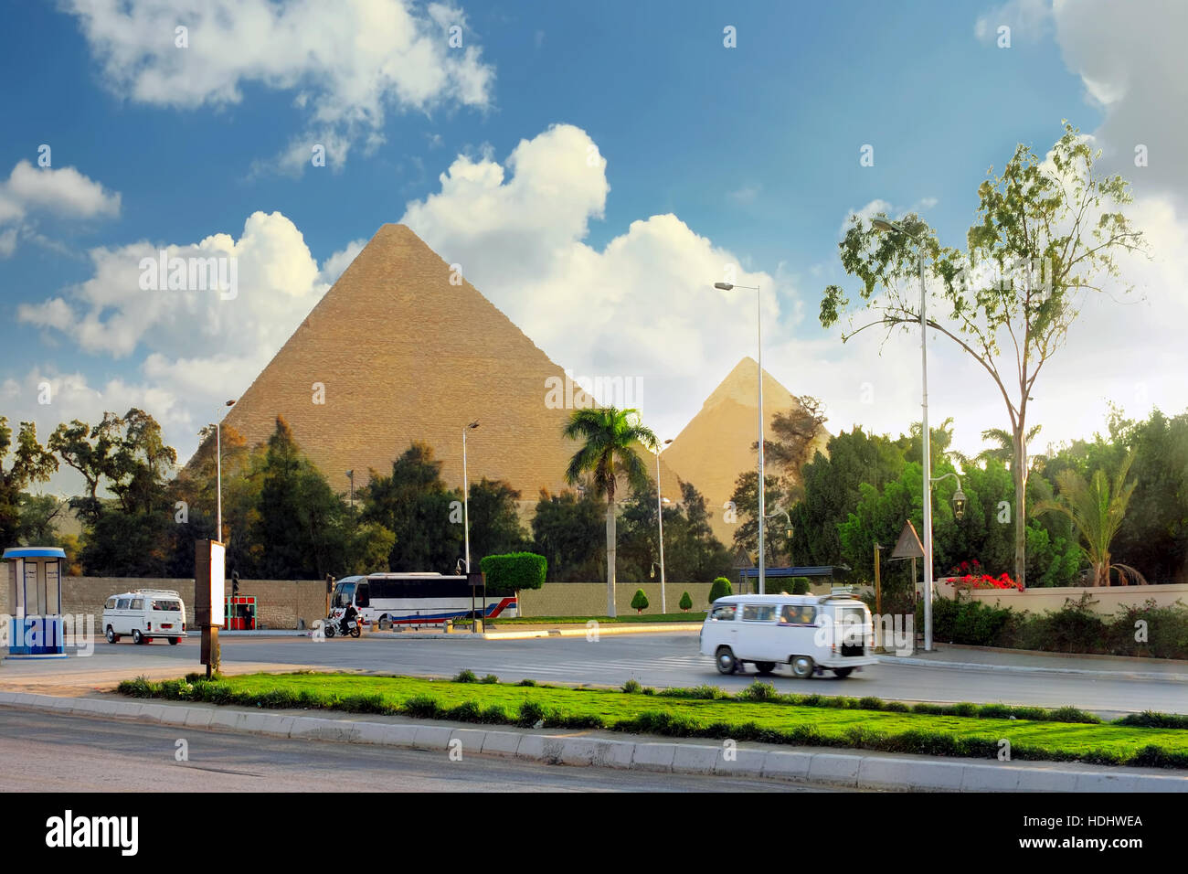 Ancient Great Pyramids and present day of Giza town,suburb of Cairo city.  Egypt. Stock Photo