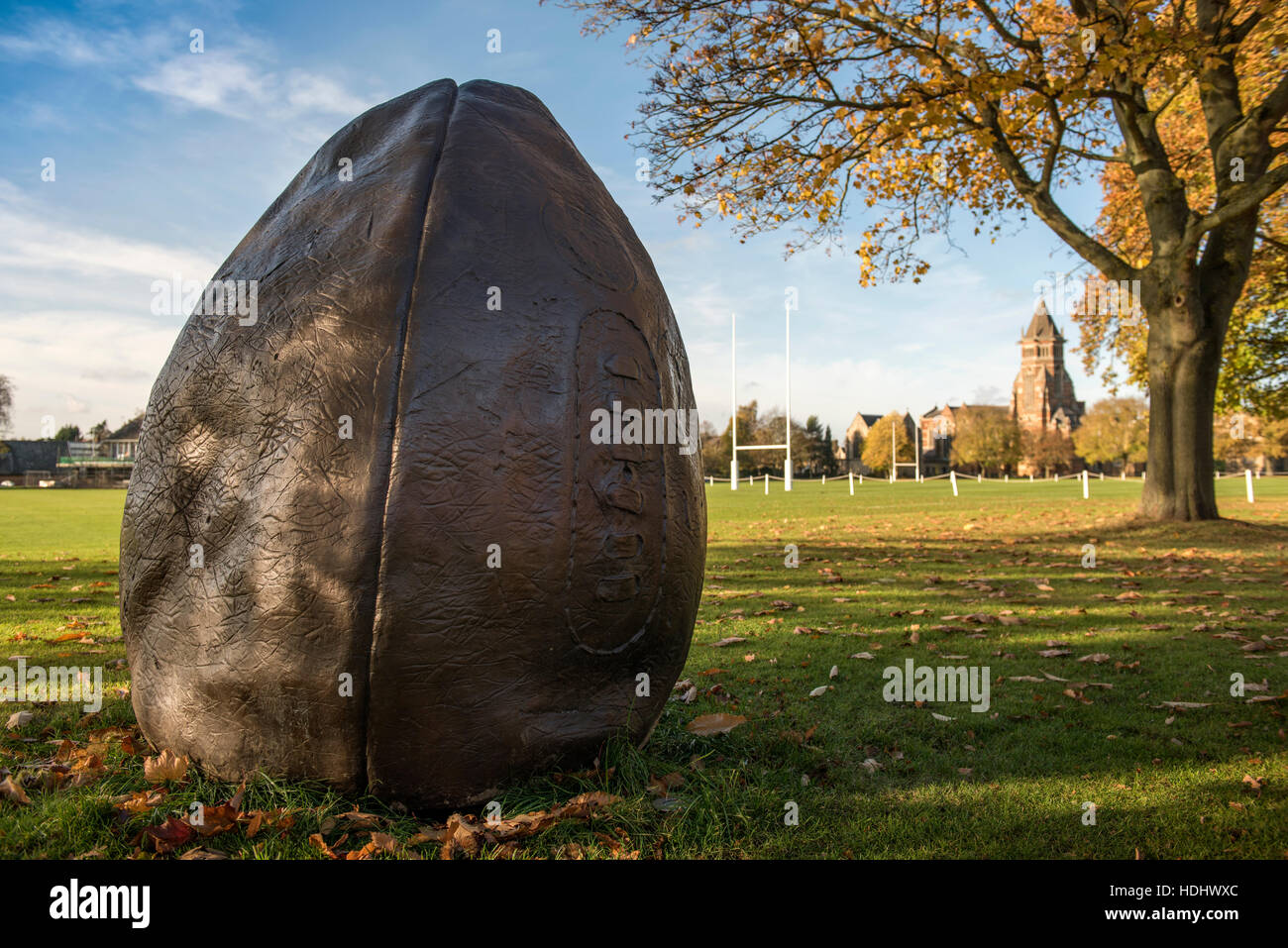 The giant vintage rugby ball, a monument to the birthplace of the game at Rugby School, Warwickshire UK Stock Photo