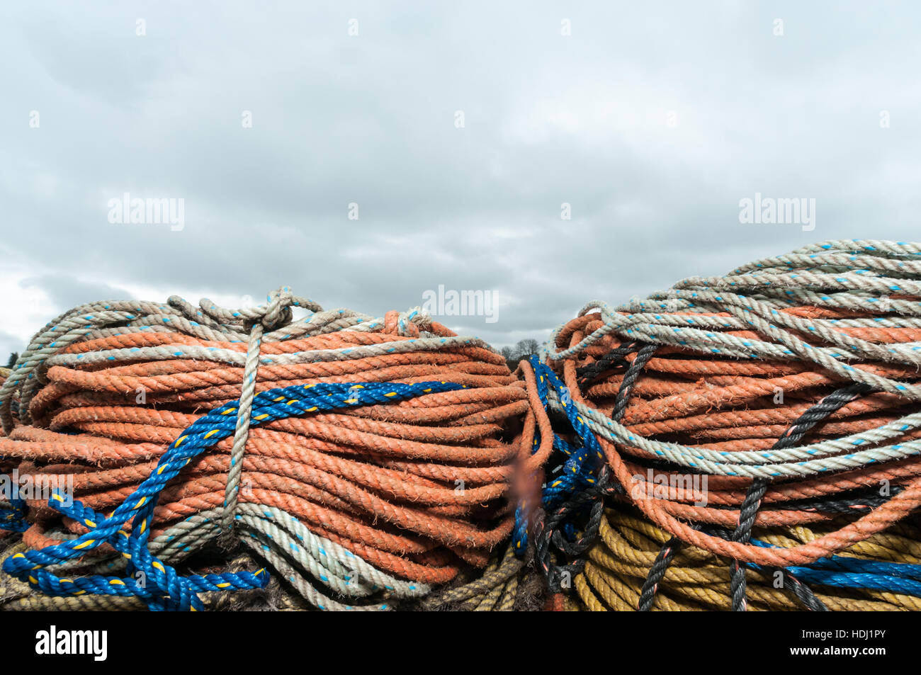 Lobster trap ropes on fishing pier, Mackerel Cove, Baily island Stock