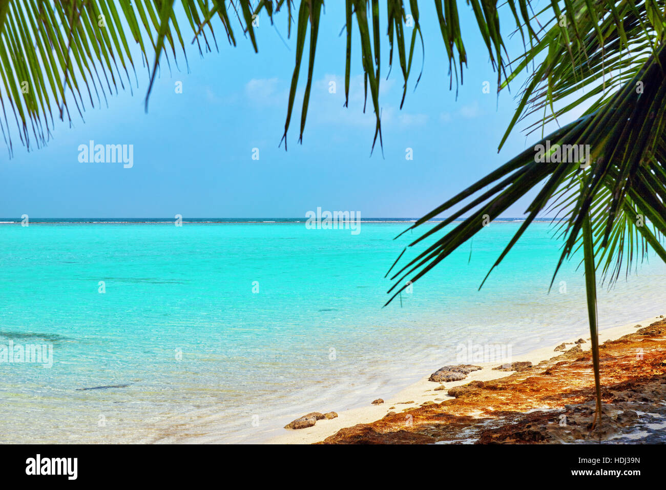 Shoreline of a tropical island in the Maldives and view of the Indian Ocean. Stock Photo