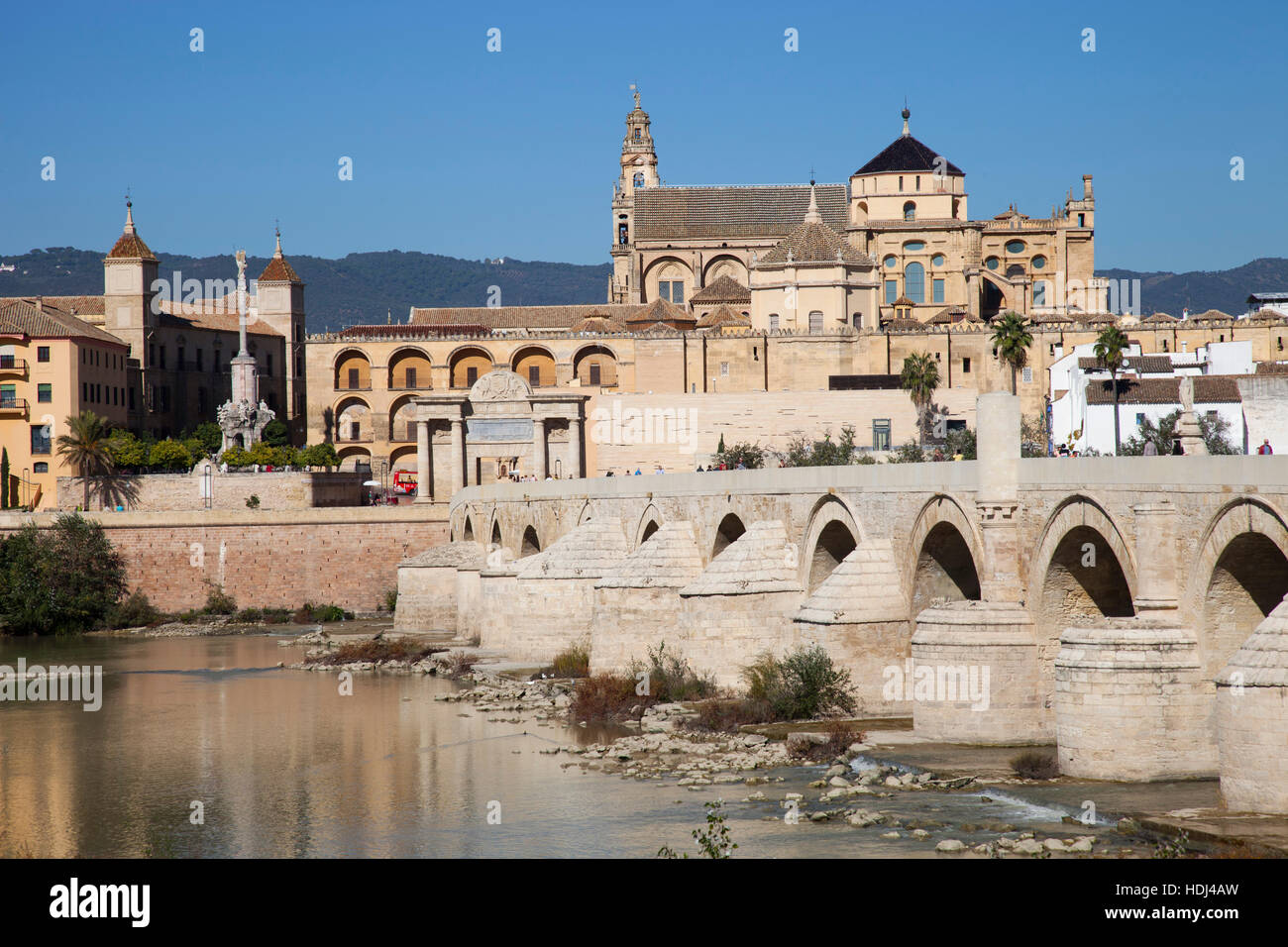 View with Mosque-Cathedral, Roman bridge and Puerta del Ponte, Cordoba, Andalucia, Spain, Europe Stock Photo