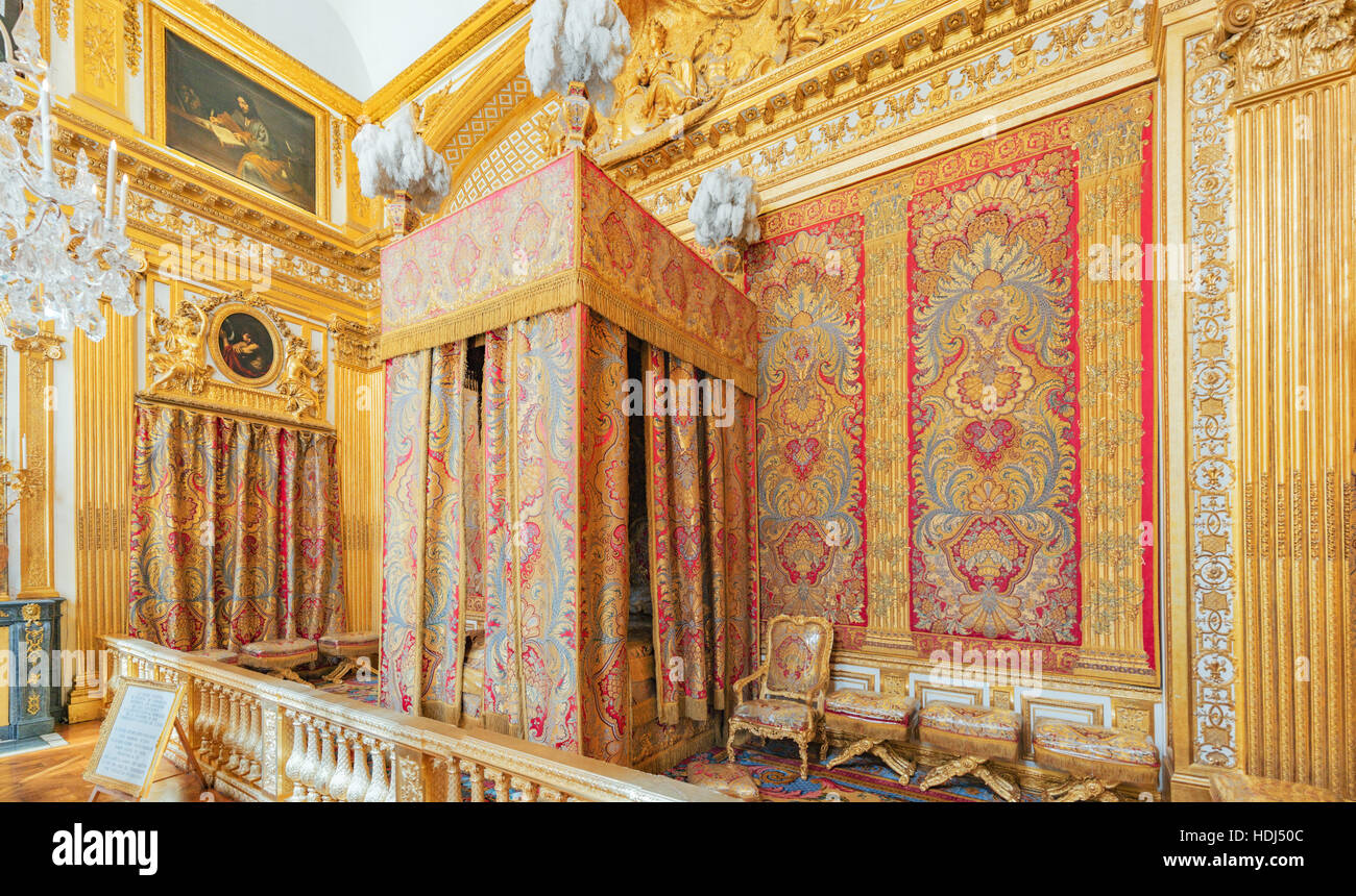 VERSAILLES, FRANCE - JULY 02, 2016 : King's Bedroom, created in 1701 where  lived Louis XIV until his death in 1715. Chateau de Versailles. Stock Photo