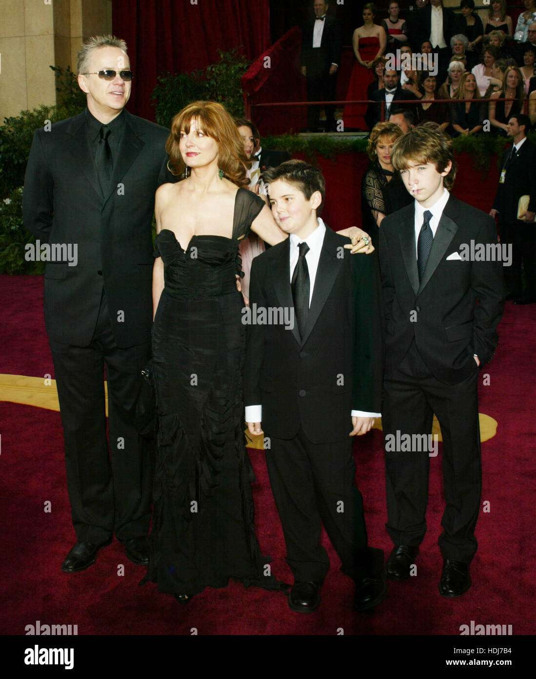 Tim Robbins and his wife, Susan Sarandon with sons, Miles Robbins, and Jack Robbins at the Academy Awards  in Hollywood,  California on February 29, 2004.  Photo credit: Francis Specker Stock Photo