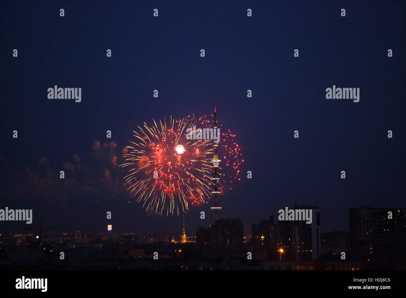 Firework in night sky of Saint Petersburg, Russia Stock Photo