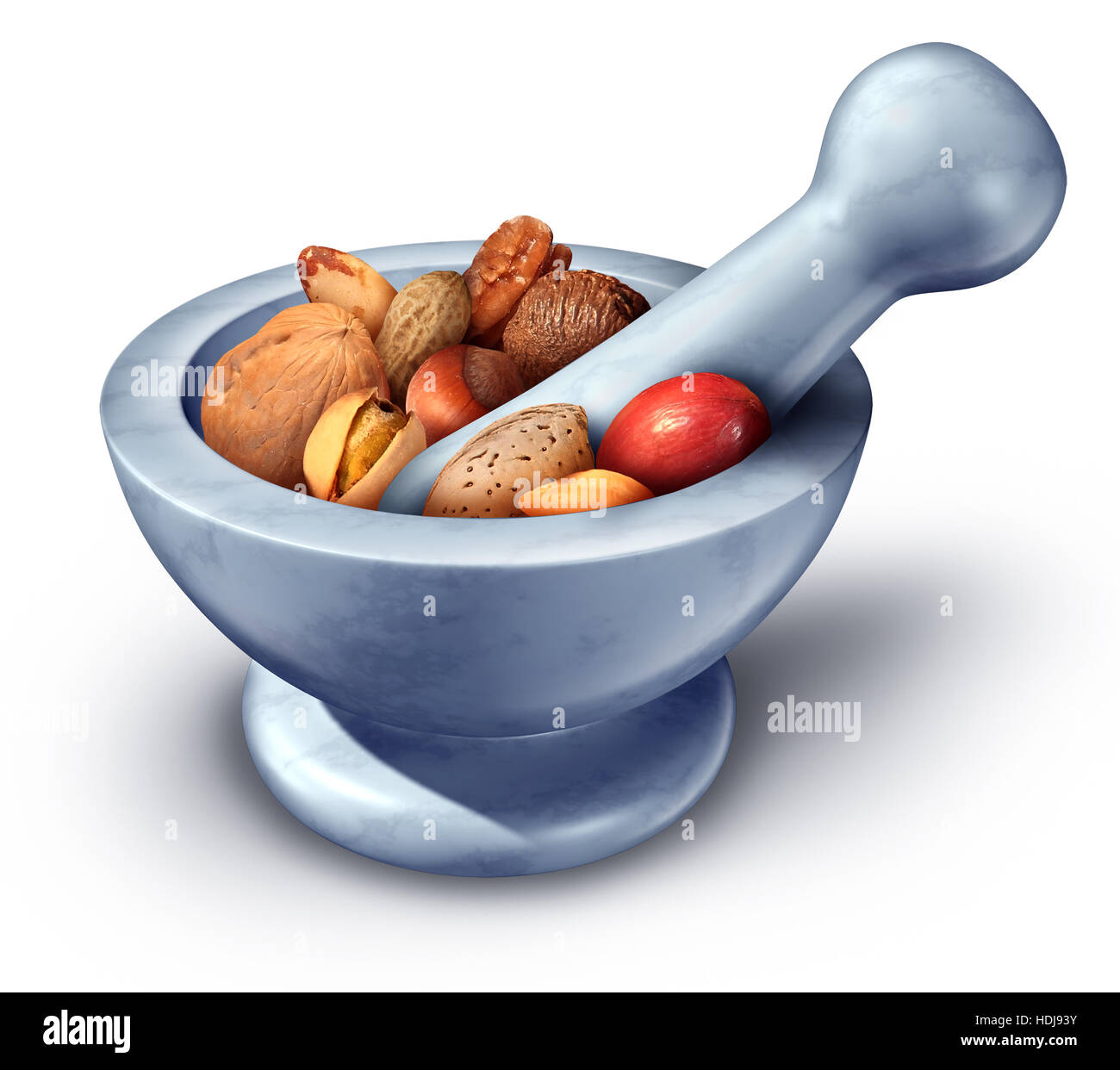 Nuts health medicine concept and the health benefits of eating a nut as walnuts pistachio and other shell fruit with a mortar and pestle as a natural Stock Photo