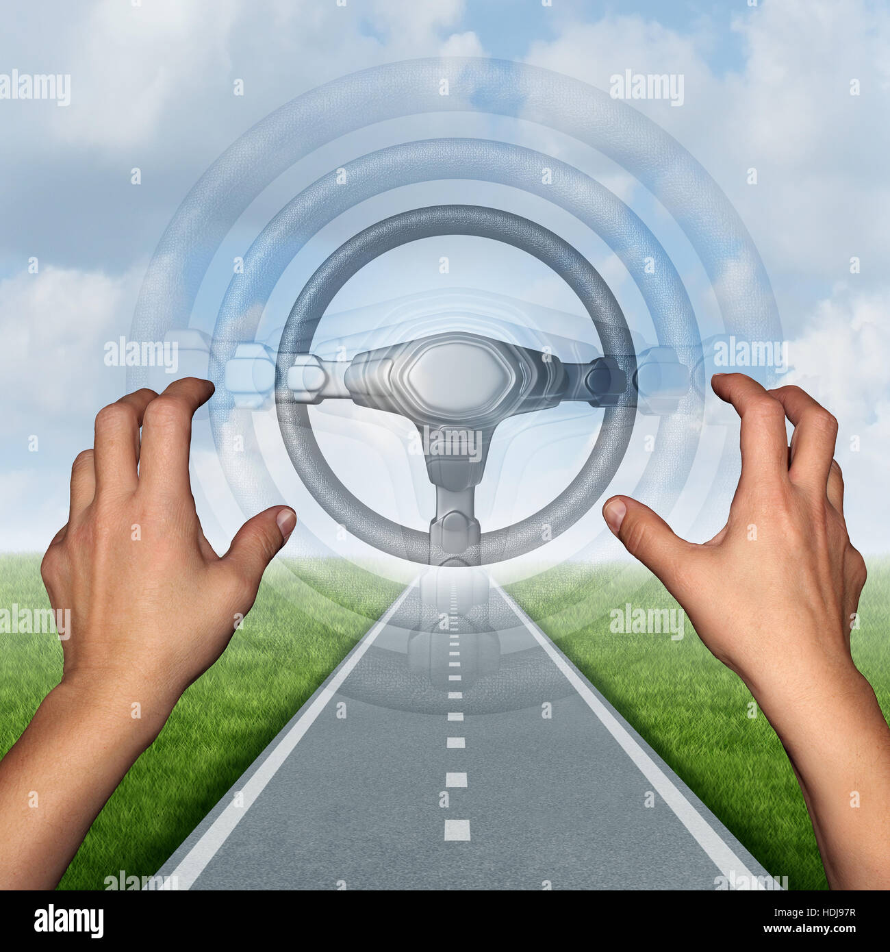 Autonomous driving concept and driverless automobile symbol as a driver on a road with hands off the steering wheel as a future intelligent transport Stock Photo