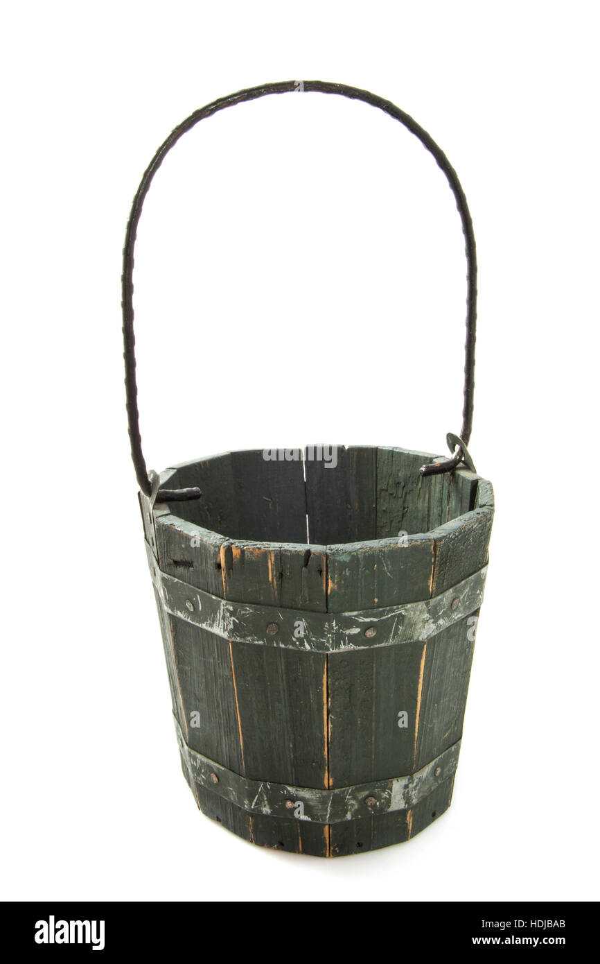 Bucket made of wood isolated over white Stock Photo Alamy