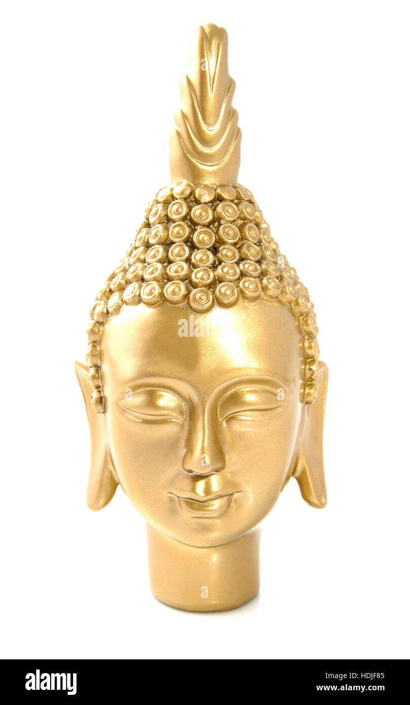 Golden budha head close-up isolated over white Stock Photo