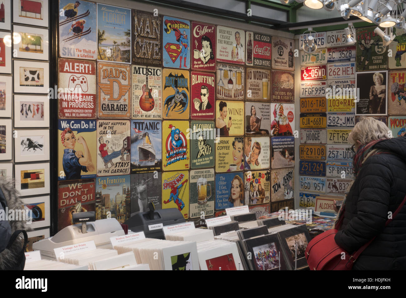 Replicas of old posters and license plates for sale as presents during the holiday season in New York City. Stock Photo