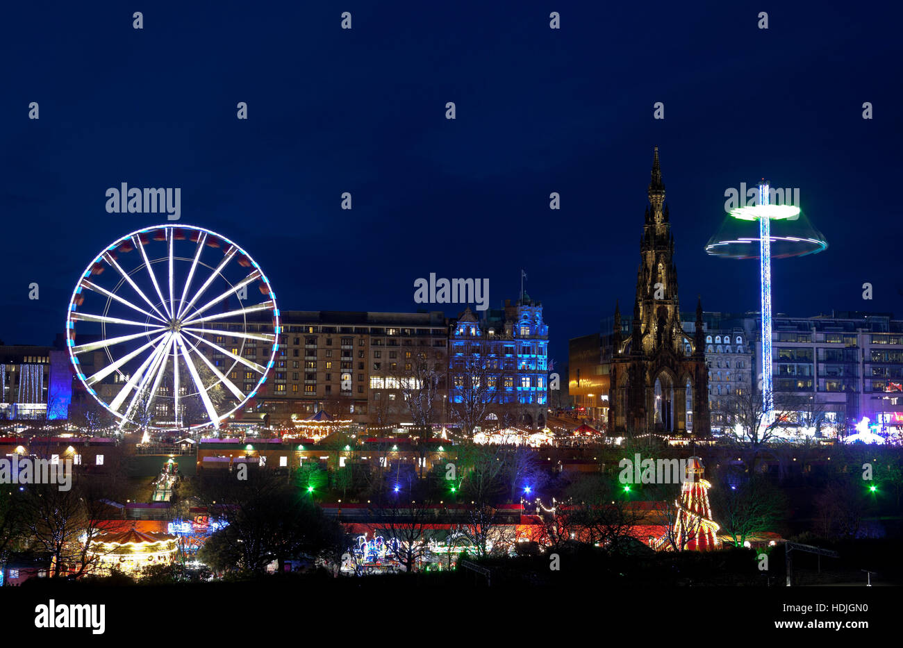 Edinburgh Christmas illuminations lights and fun fair, East Princes Street Gardens, Scotland UK 2016 Stock Photo