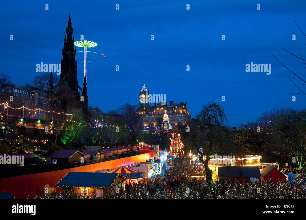 Edinburgh Christmas illuminations lights and fun fair, East Princes Street Gardens, Scotland UK 2016 Stock Photo