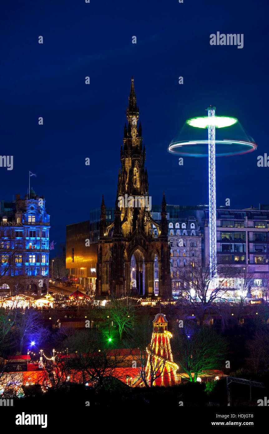 Edinburgh Christmas illuminations lights and fun fair, East princes Street Gardens, Scotland UK Stock Photo