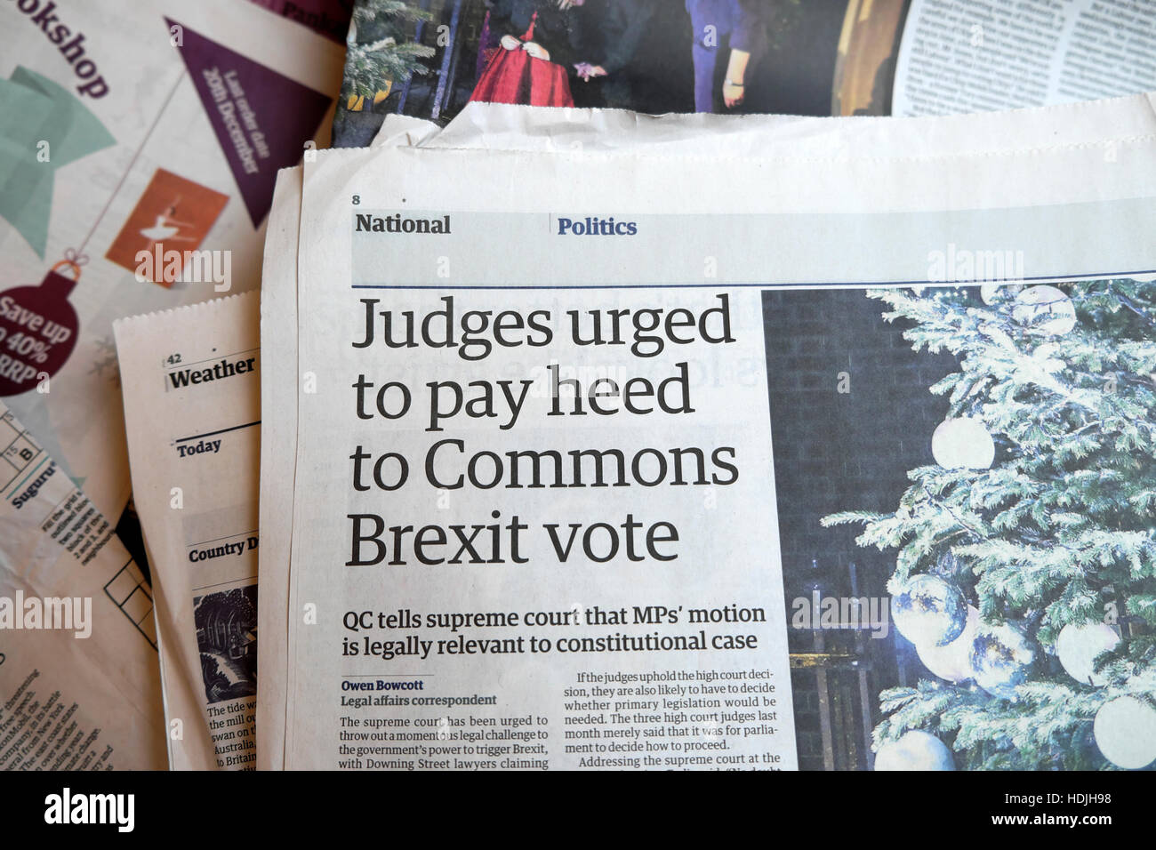 Judges urged to pay heed to Commons Brexit vote Guardian newspaper headline article 2016 London England UK Stock Photo