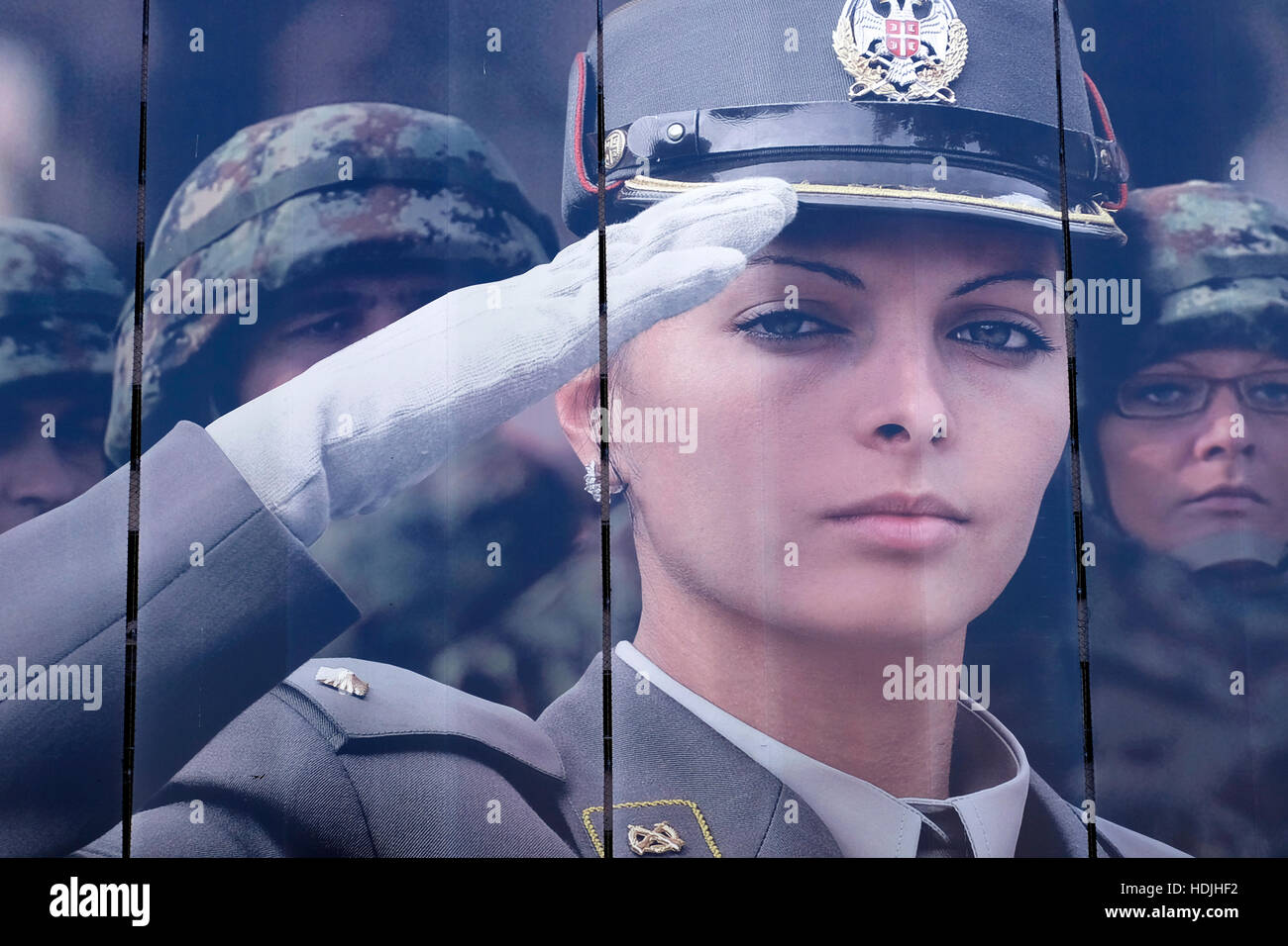 A huge poster featuring Serbian female soldier in the city of Belgrade capital of the Republic of Serbia Stock Photo