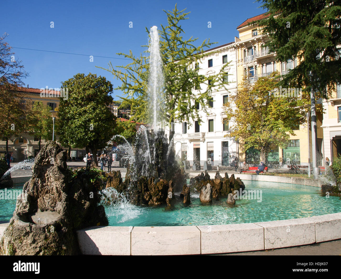 Lugano, Switzerland Fountain and street furniture in the city center