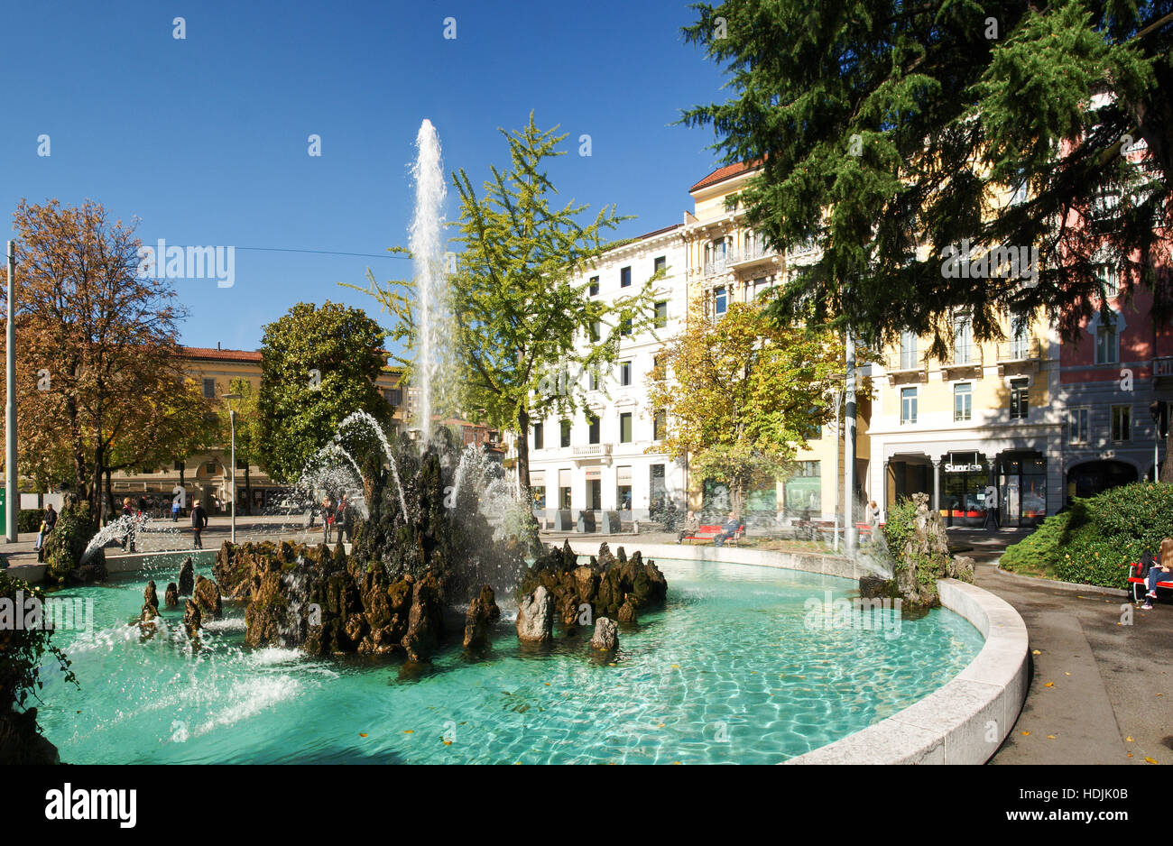 Lugano, Switzerland Fountain and street furniture in the city center