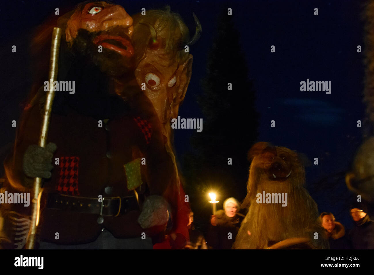 Grödig: Wilde Jagd vom Untersberg (Wild Hunt): character Bärentreiber (bear driver), Riese (giant) Abfalter, Saurüssel (boar), Flachgau, Salzburg, Aus Stock Photo