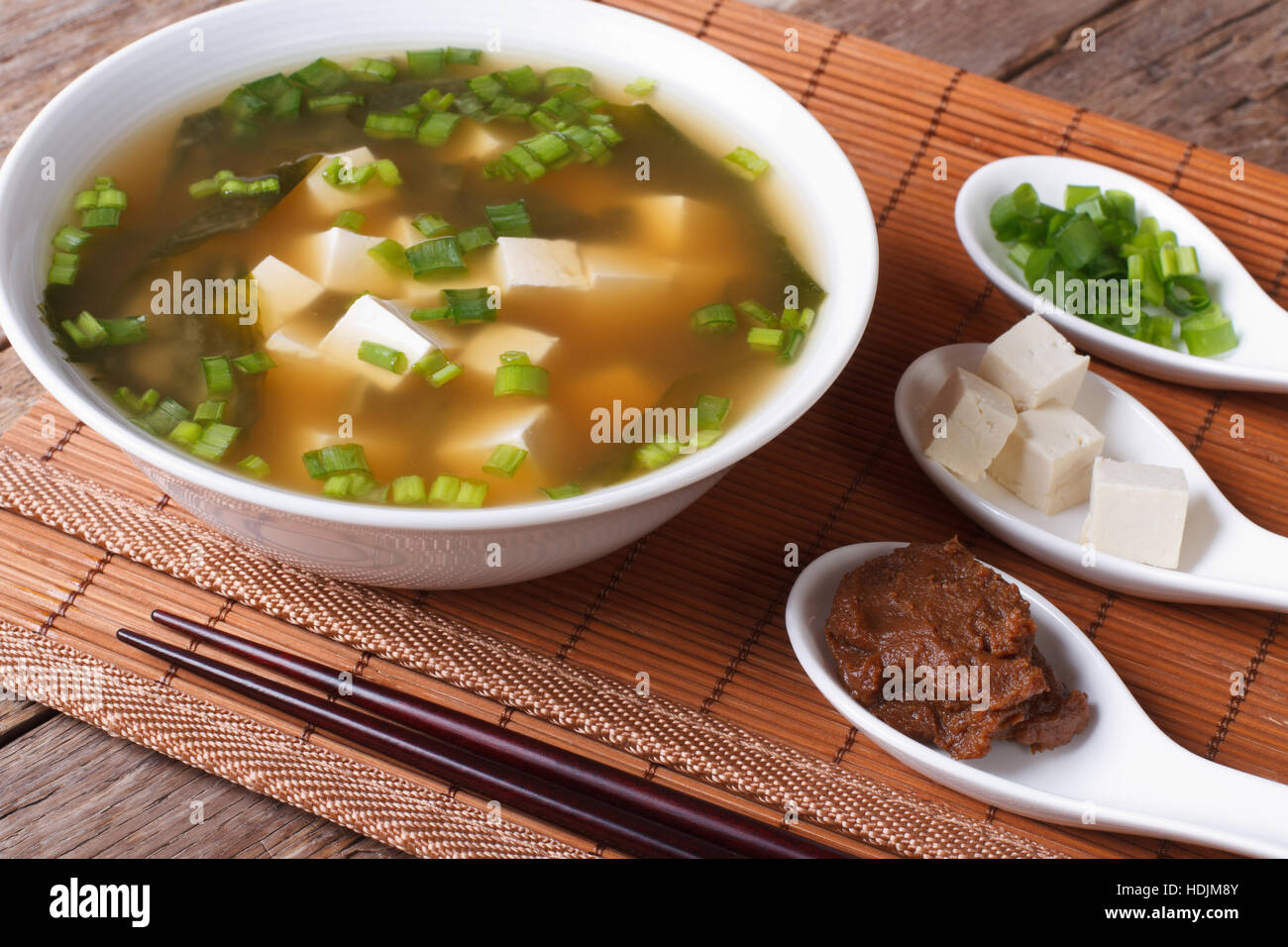 Japanese miso soup and ingredients on the table close-up. horizontal Stock Photo