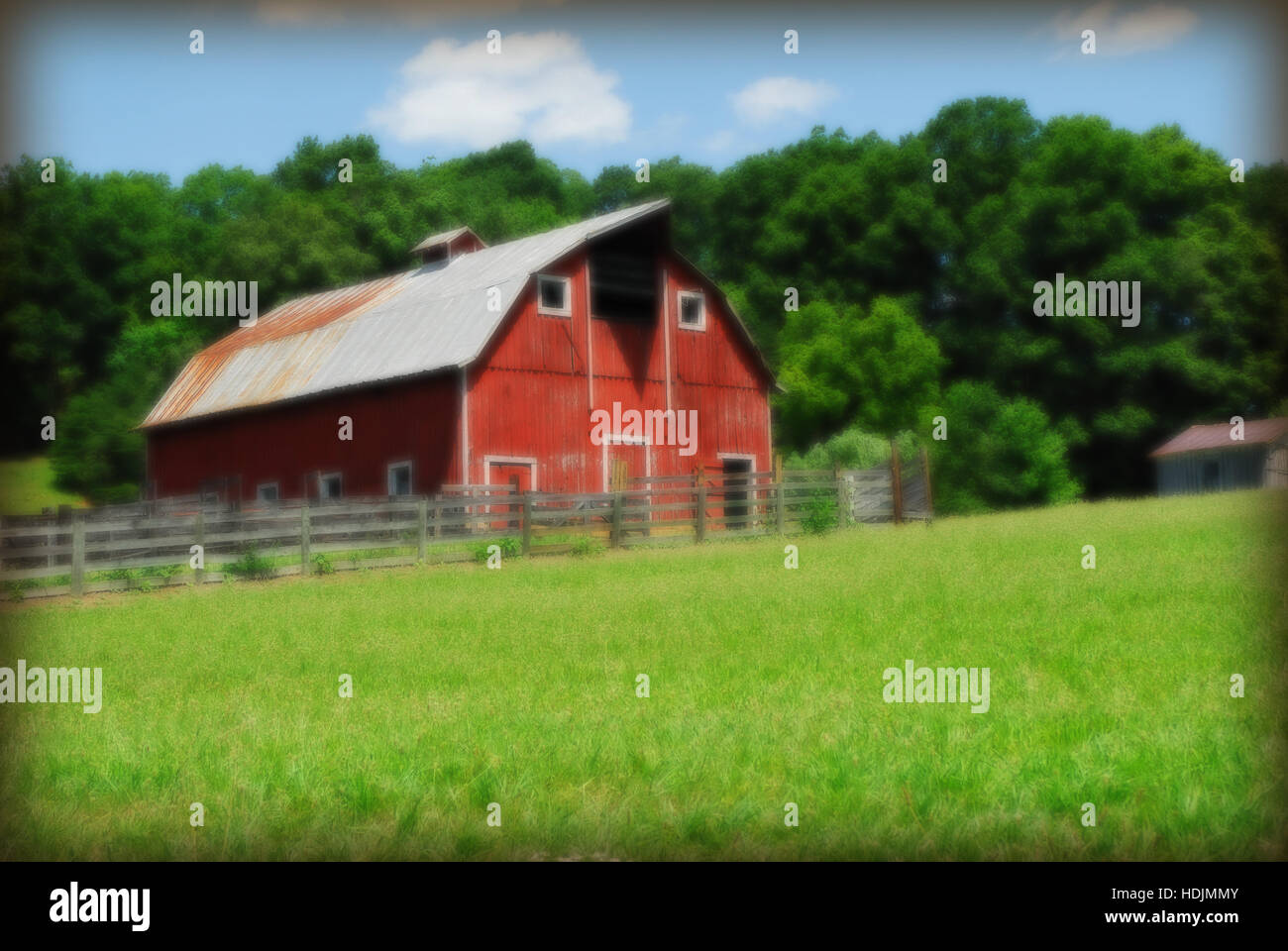 landscape, old barn, Wingina, Virginia USA, Orton effect applied for dreamy look Stock Photo