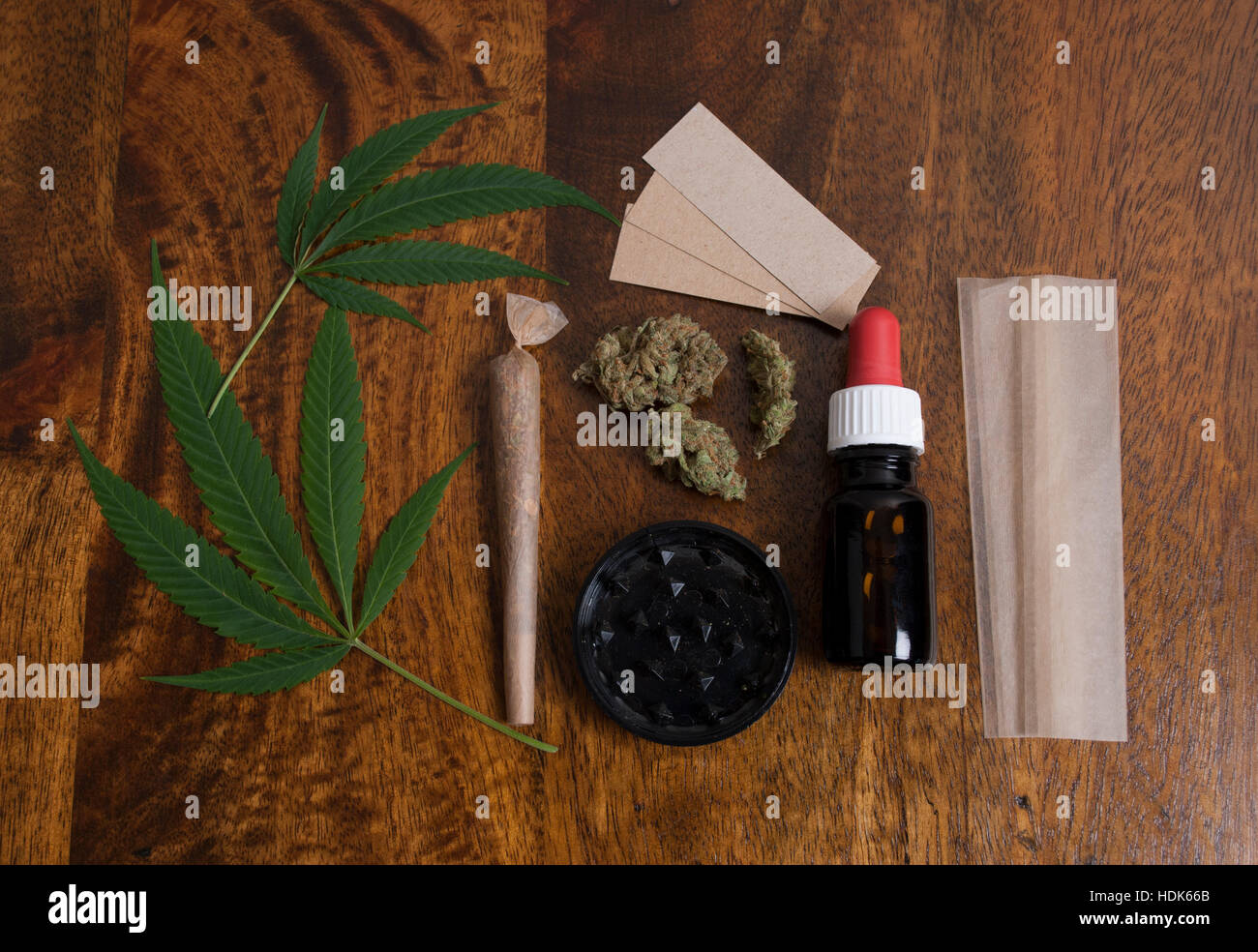 Cannabis sativa leafs and flower buds with joint, smoking paper, THC oil and grinder Stock Photo