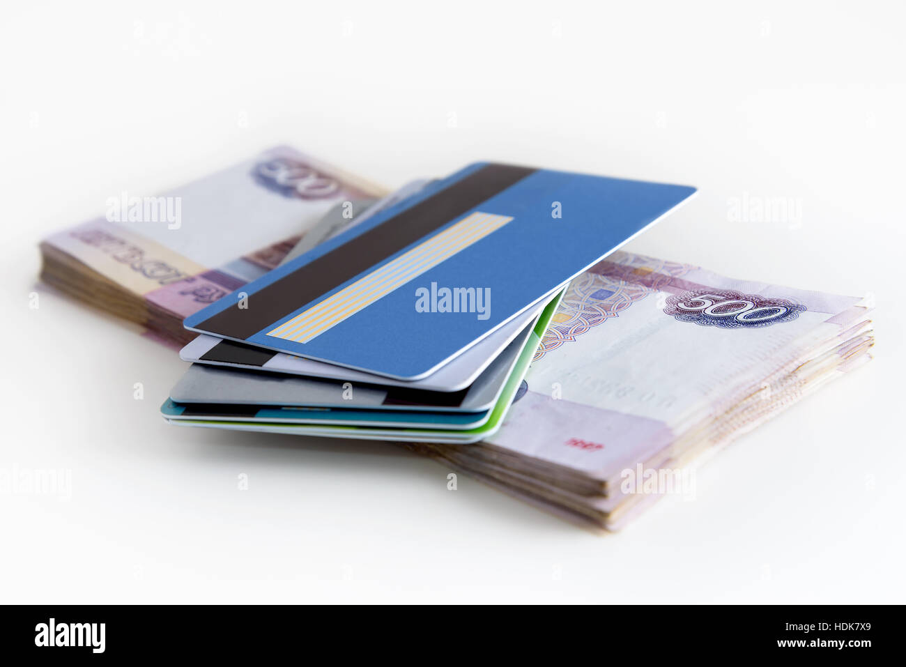 Bundle of bank card and a bundle of money in denominations of 500 rubles Stock Photo
