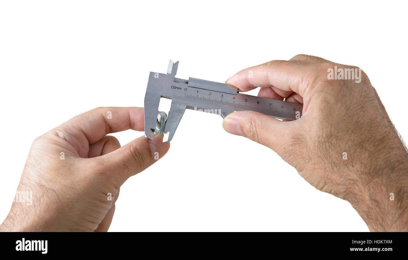 The measuring a bolt with calipers Stock Photo