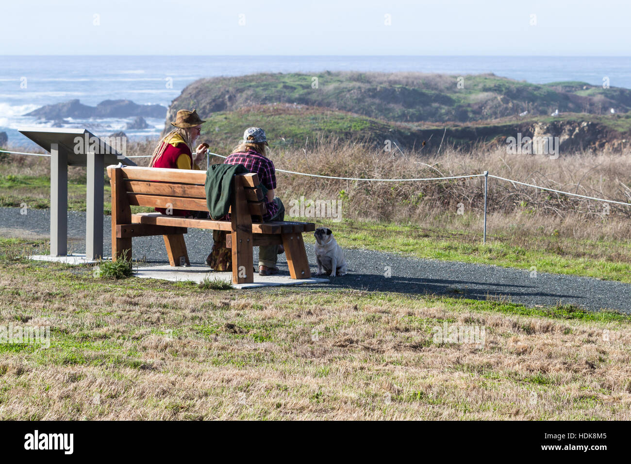 California - November 03: Couple having a snack with a coastal view in the background and a small puppy begging for food. November 03 2016, California Stock Photo