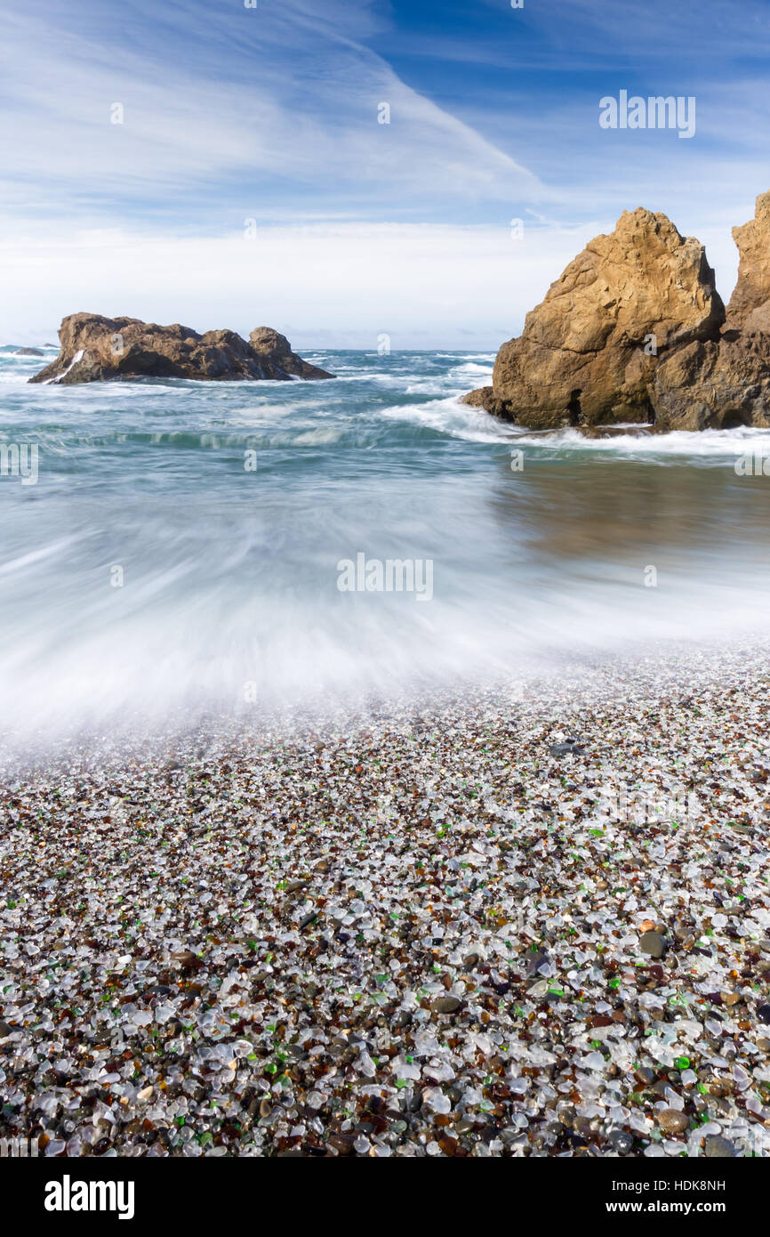 colorful glass pebbles blanket this beach in Fort Bragg, California