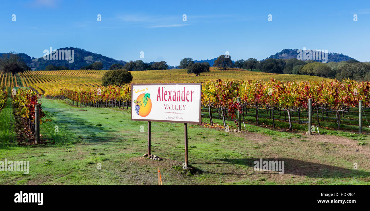 sign to Alexander Valley California with beautiful colorful vineyards in the background