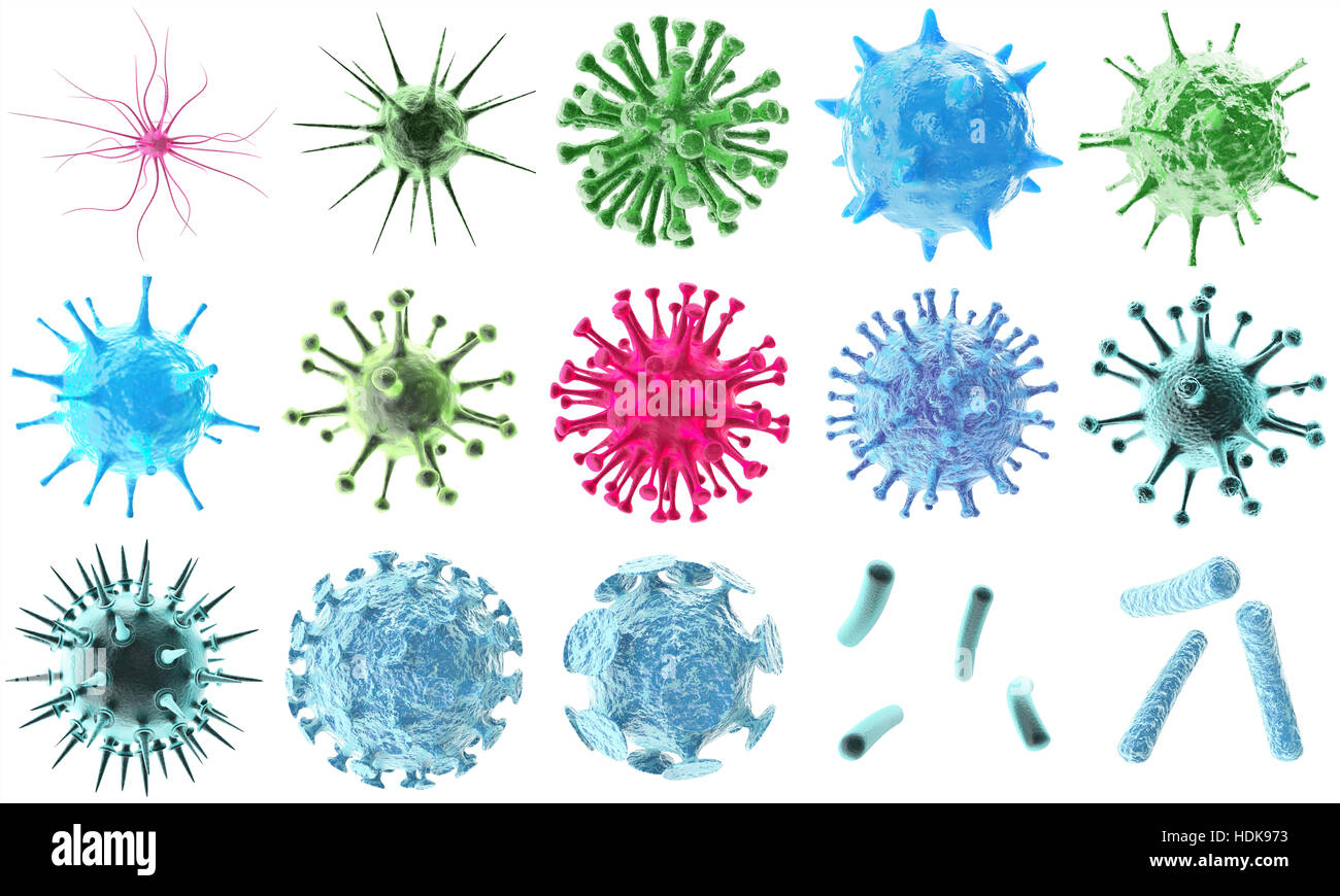 3d rendering virus bacteria icons set, abstract beautiful microbiological colorful cell microbe virus molecule bacteria objects set isolated on black background. Stock Photo