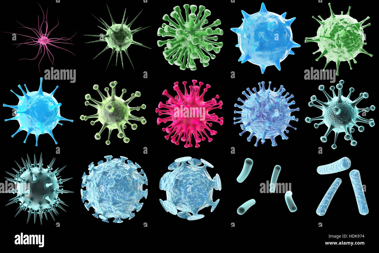 3d rendering virus bacteria icons set, abstract beautiful microbiological colorful cell microbe virus molecule bacteria objects set isolated on black background. Stock Photo