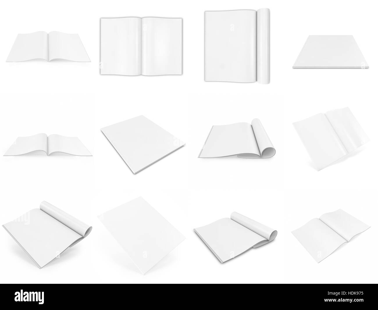 Realistic set of 3d rendering open and closed books or journal with blank white cover isolated on  background. Stock Photo
