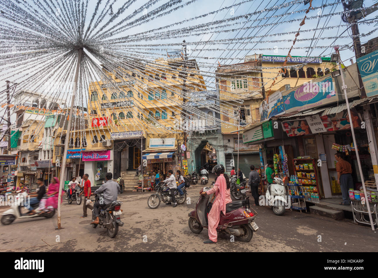 Street decoration for Divali, Udaipur, Rajasthan, India Stock Photo