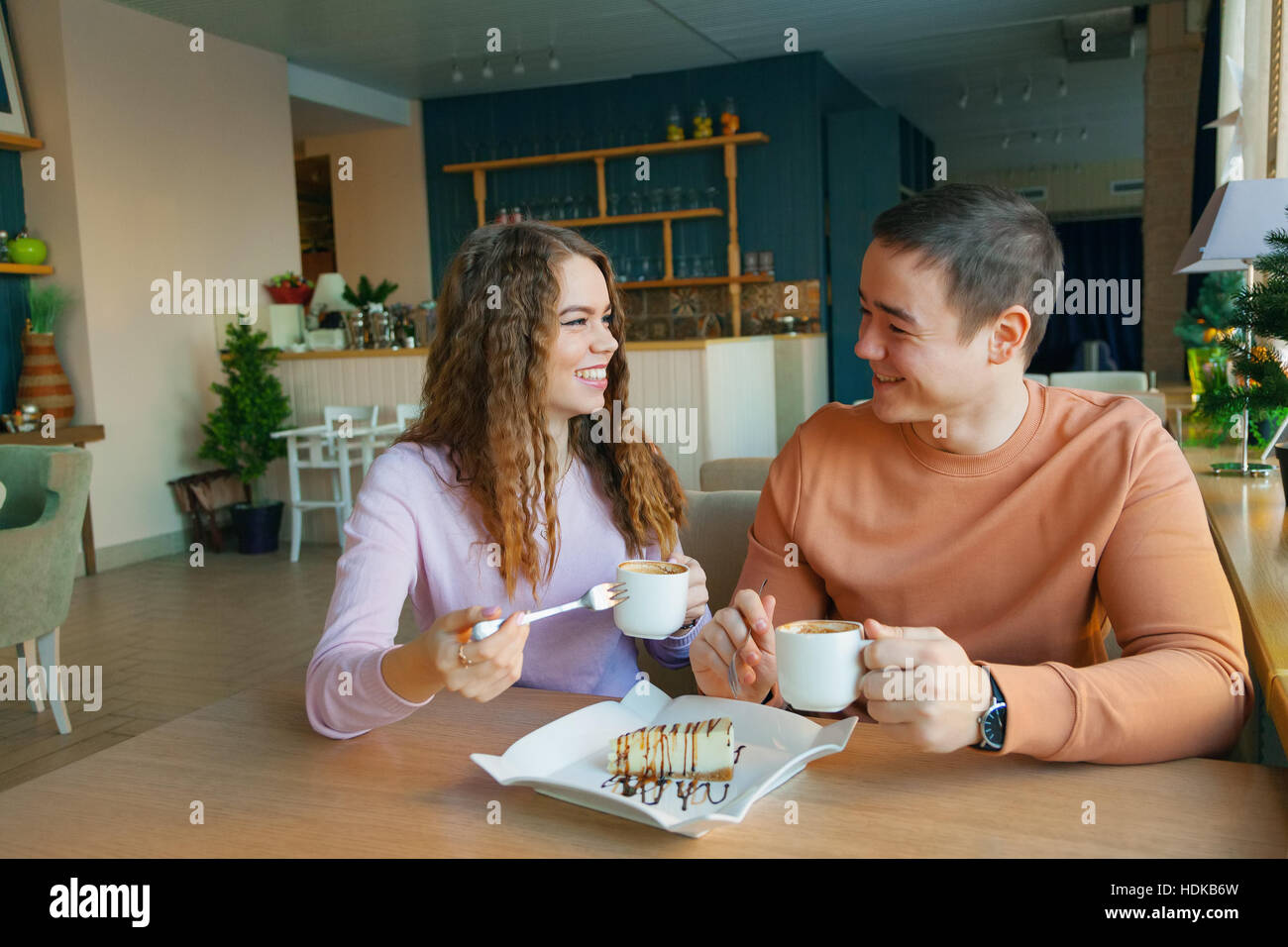 woman and a man in cafe Stock Photo