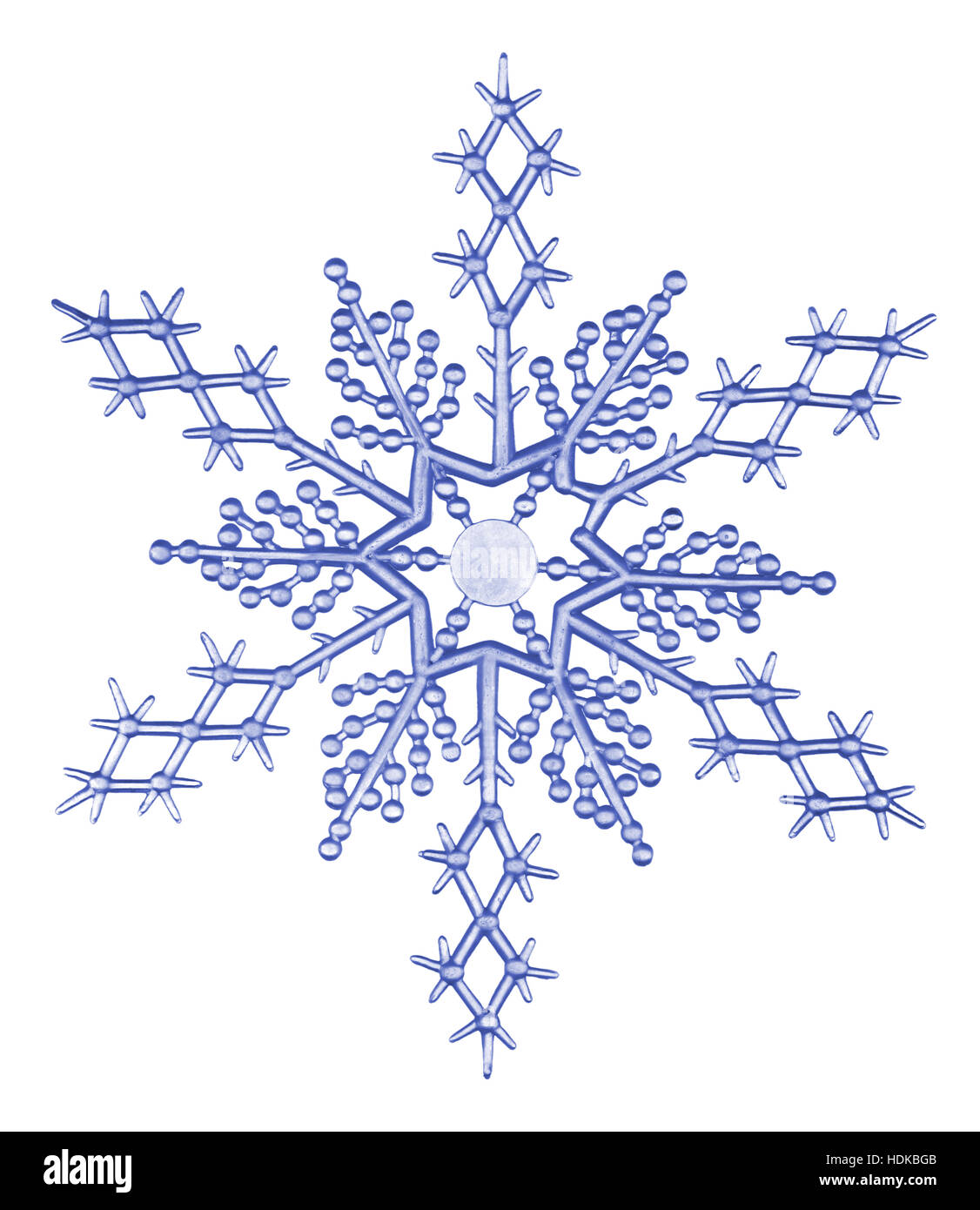 Blue plastic snowflake ornament on white background Stock Photo