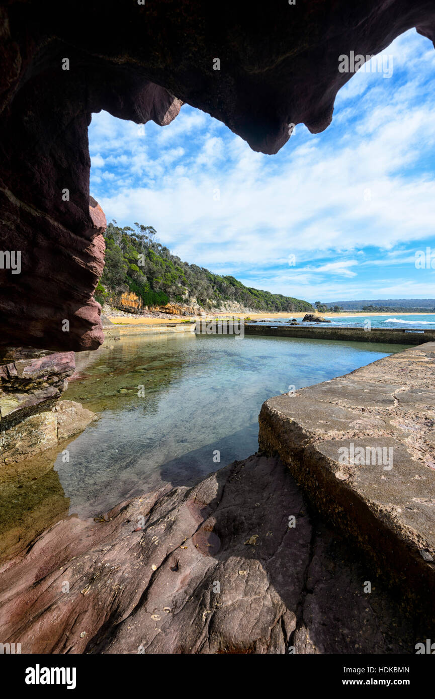 View of Eden Rock Pool from inside a cave, South Coast, New South Wales, NSW, Australia Stock Photo