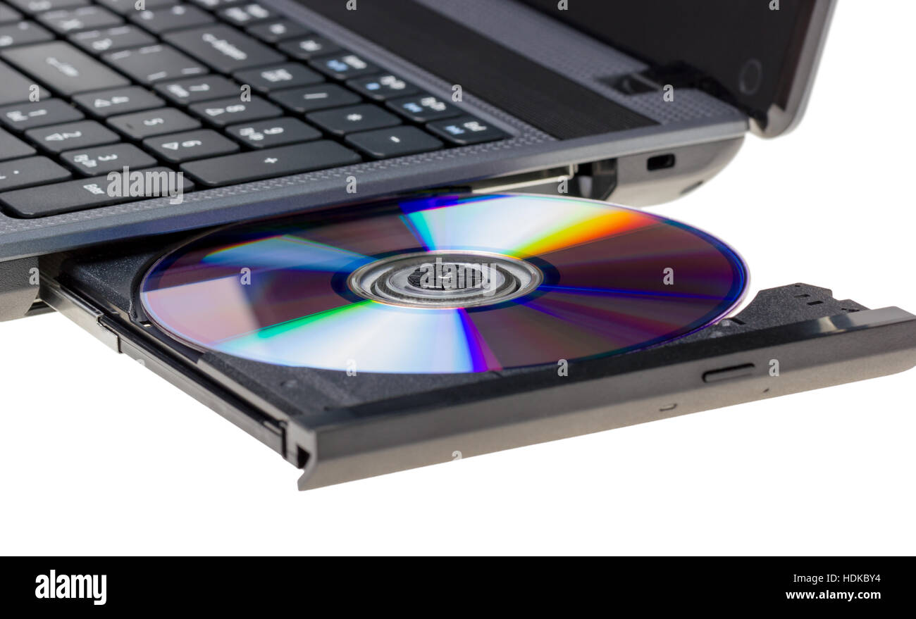 Electronic collection - Laptop with open DVD tray isolated on a white background Stock Photo