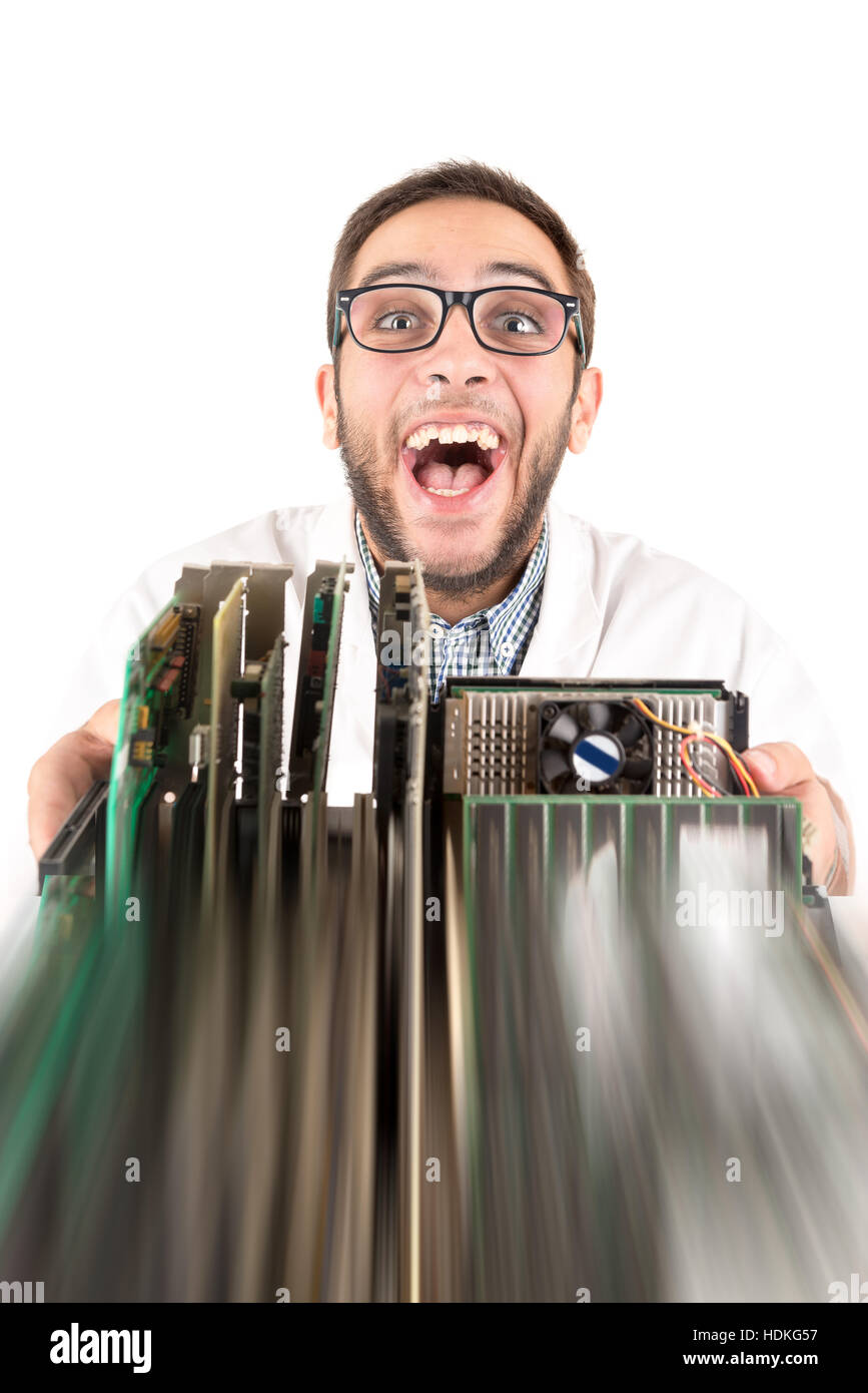Nerd engineer posing with computer components isolated in a white background Stock Photo