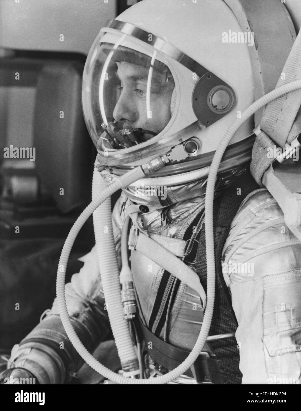 NASA astronaut Alan Shepard suits up in a pressure suit and helmet in preparation for the Mercury-Redstone 3 (MR-3) flight, the first American human spaceflight, aboard the Freedom 7 capsule at the Cape Canaveral Air Force Station Launch Complex 5 January 1, 1961 in Cape Canaveral, Florida. Stock Photo