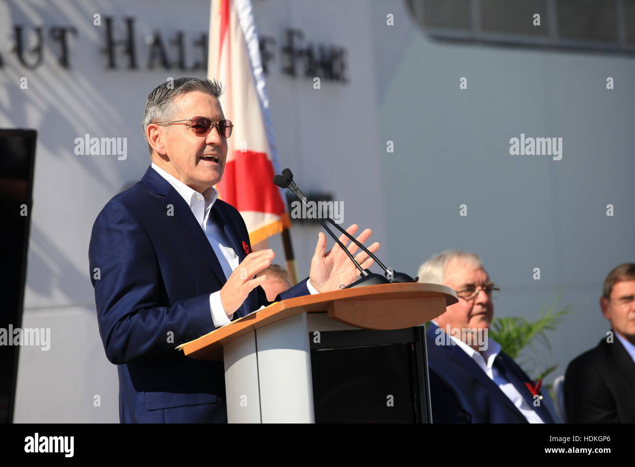 Kennedy Space Center Director Bob Cabana speaks to guests during the opening of the Heroes and Legends attraction featuring the U.S. Astronaut Hall of Fame exhibit at the Kennedy Space Center Visitor Complex November 11, 2016 in Titusville, Florida. Stock Photo