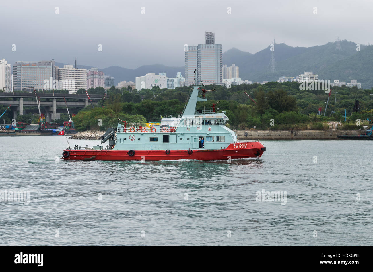 Fireboat patrolling the waters around Hong Kong Stock Photo