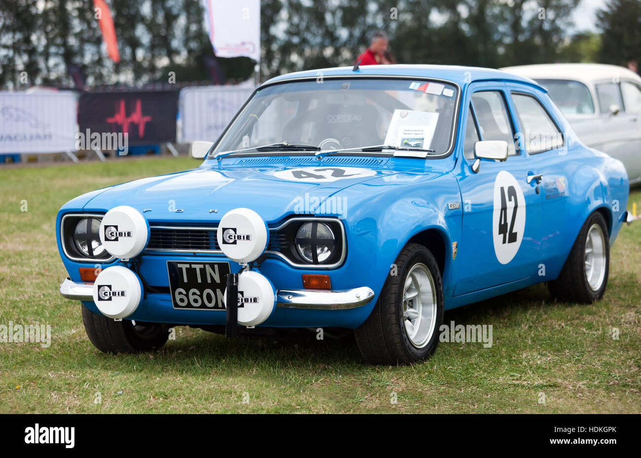 A 1974, blue, Ford Escort RS2000 Mk1 on static display at the 2016 Silverstone Classic. Stock Photo