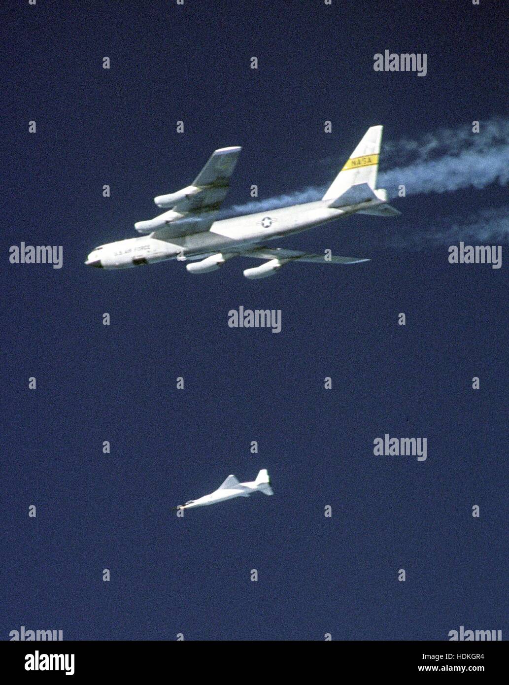 The NASA B-52B launch aircraft drops a modified Pegasus rocket November 16, 2004 over the Pacific Ocean test range. Stock Photo