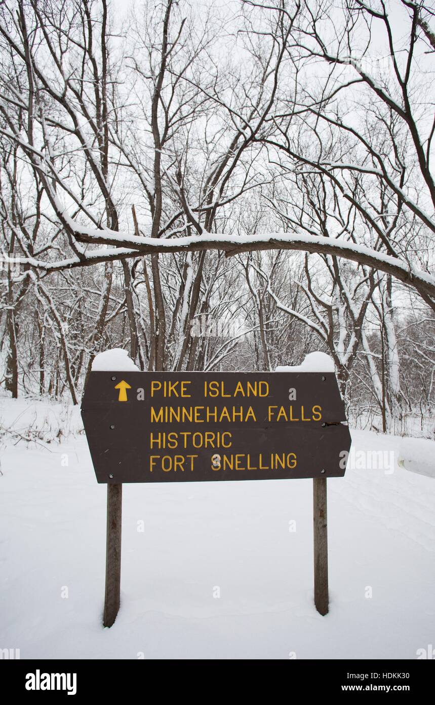 A sign in the snow at Fort Snelling State Park in Minneapolis ...