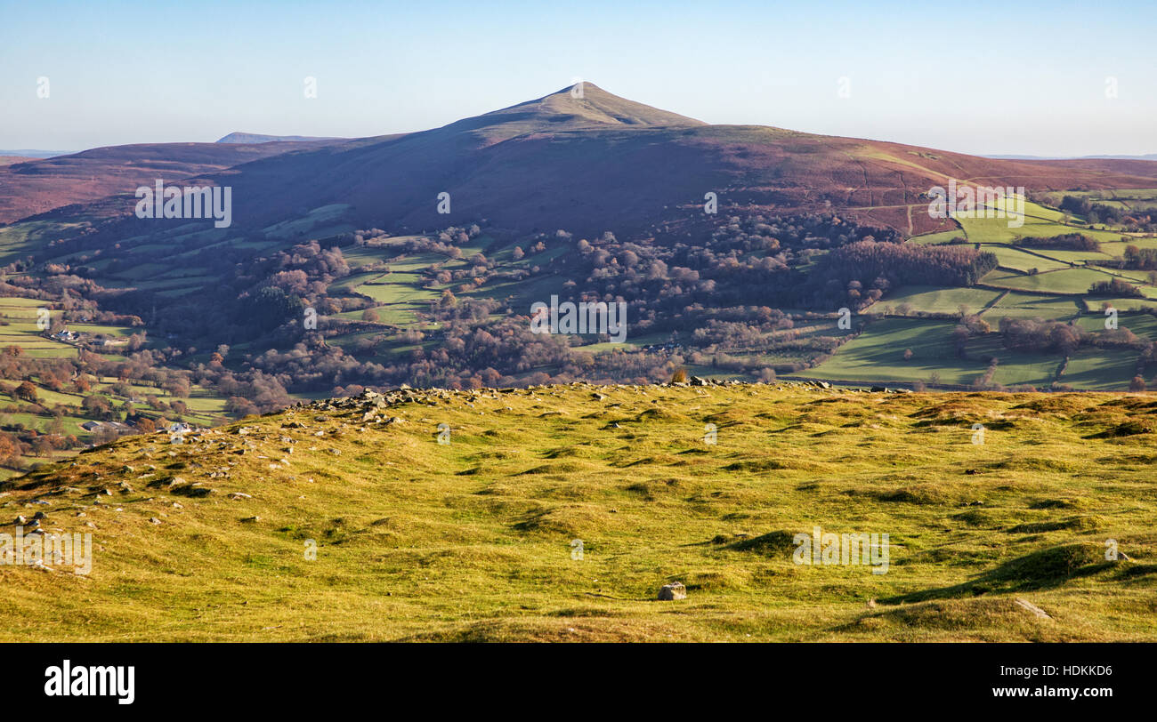 The Sugar Loaf mountain near Abergavenny in the Black Mountains of South Wales from Table Mountain hill fort above Crickhowell Stock Photo