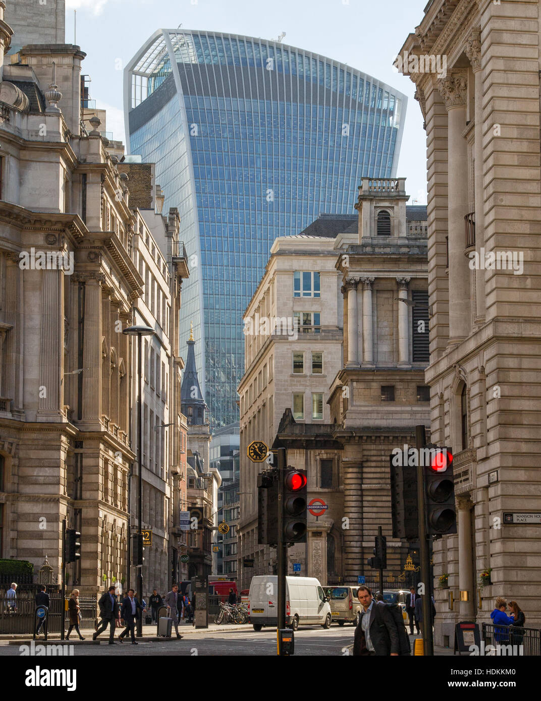 Contrasting architectural styles in the City of London with Walkie Talkie building at 20 Fenchurch Street dominating the skyline Stock Photo