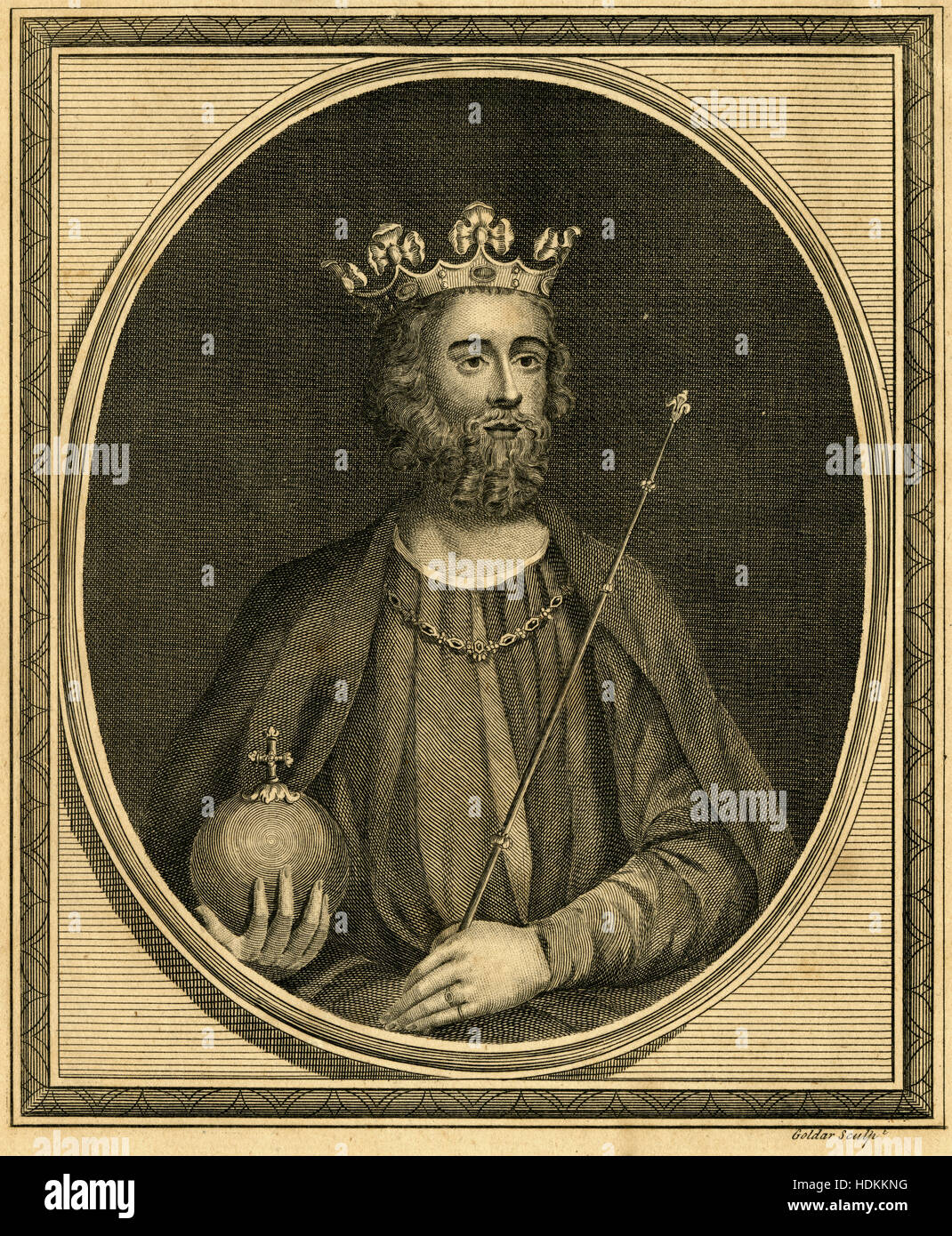 Antique 1787 engraving, King Edward II. Edward II (1284-1327), also called Edward of Caernarfon, was King of England from 1307 until he was deposed in January 1327. SOURCE: ORIGINAL ENGRAVING. Stock Photo