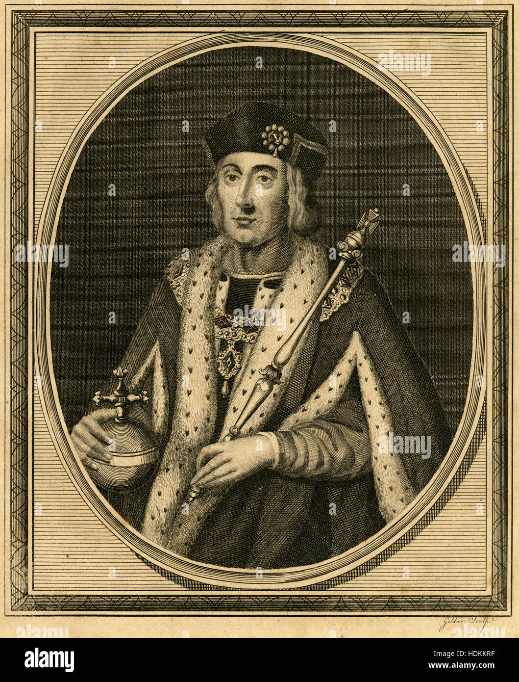 Antique 1787 engraving, King Henry VII. Henry VII (1457-1509) was King of England after seizing the crown on 22 August 1485 until his death, the first monarch of the House of Tudor. SOURCE: ORIGINAL ENGRAVING. Stock Photo