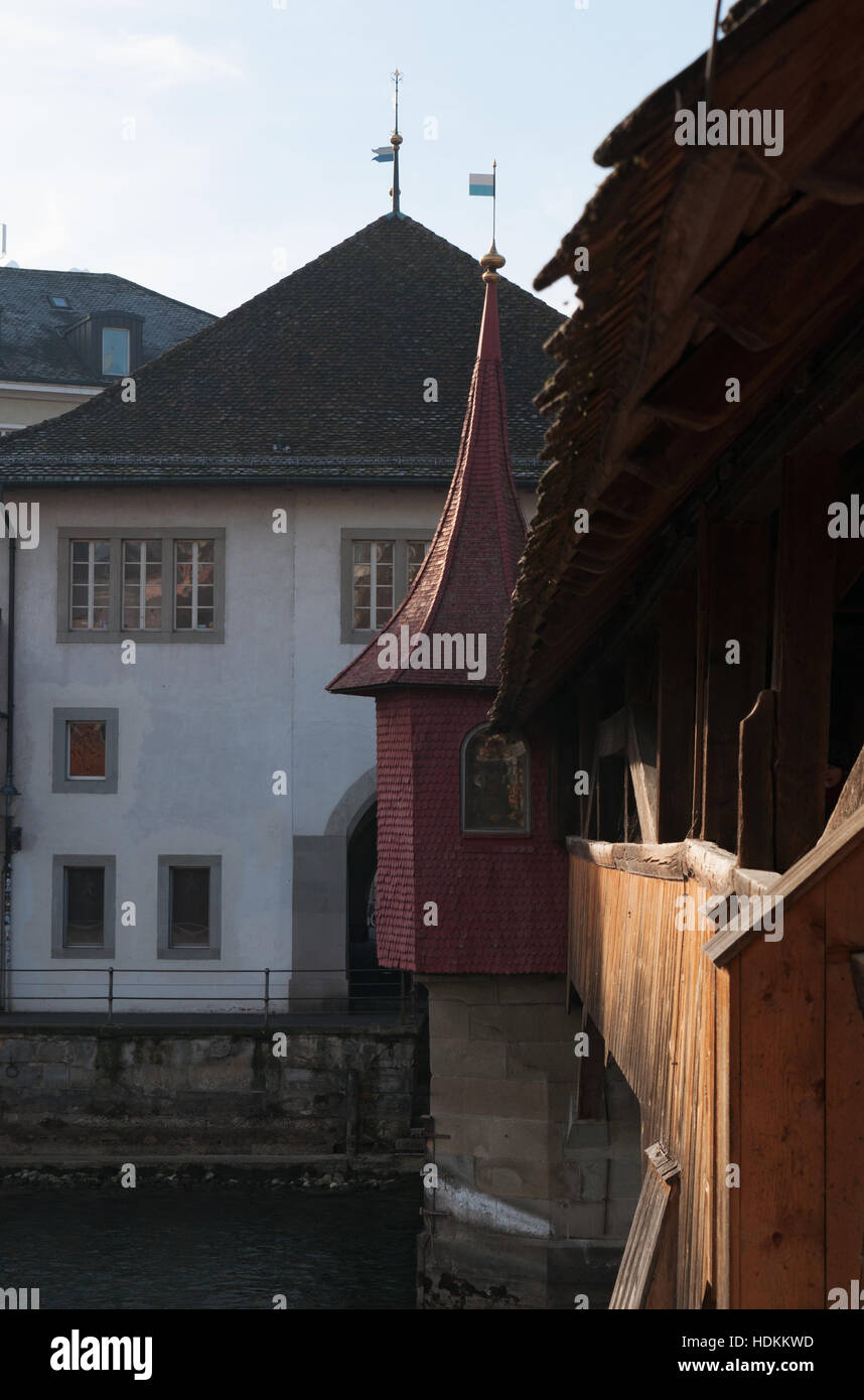 Switzerland: details of the Spreuer Bridge, the Mill Bridge, built in the 13th century in the medieval city of Lucerne Stock Photo