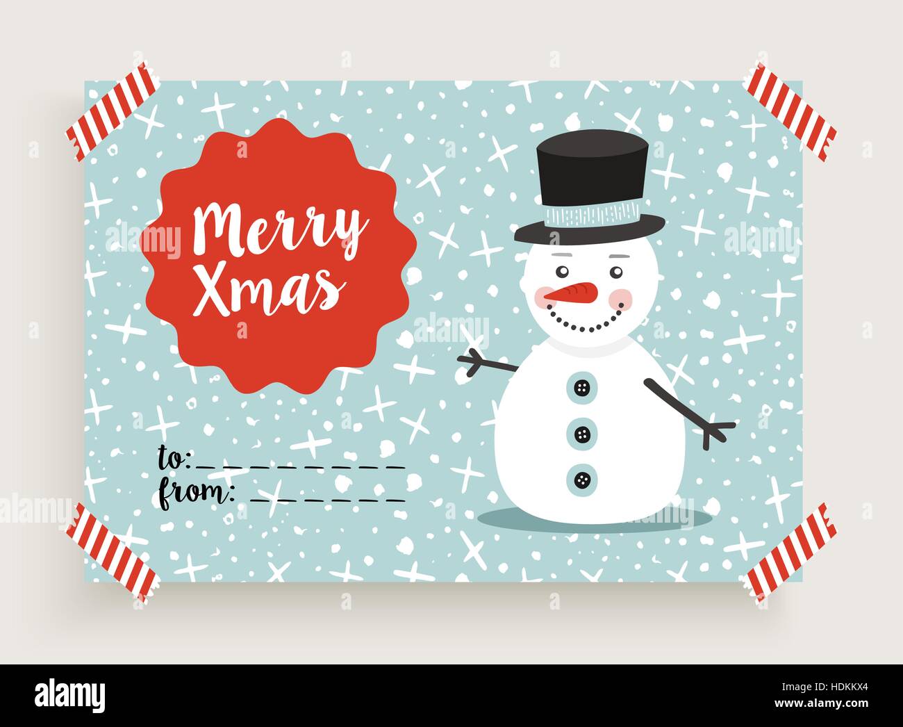 Cute merry christmas greeting card design template with winter snowman illustration and retro holiday decoration. EPS10 vector. Stock Vector